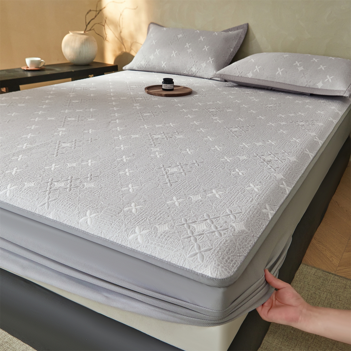 91家纺网 家纺一手货源 找家纺 慕木家纺 2026新款冰豆豆满天星凉席床笠席子凉席 床笠款-满天星-灰