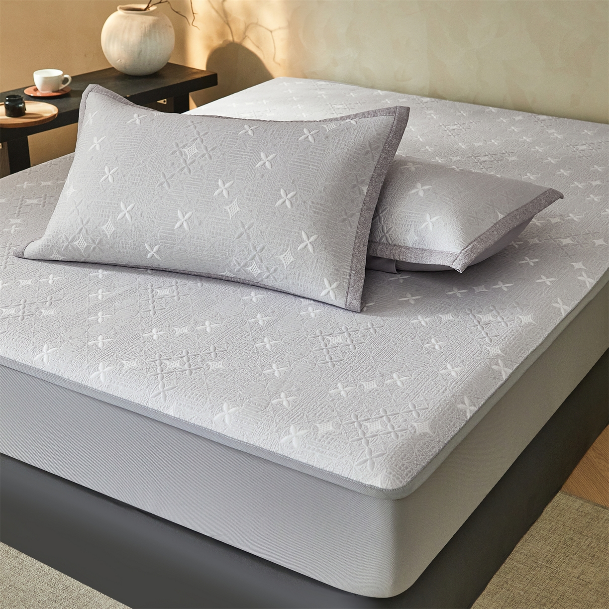 91家纺网 家纺一手货源 找家纺 慕木家纺 2026新款冰豆豆满天星凉席床笠席子凉席 床笠款-满天星-灰