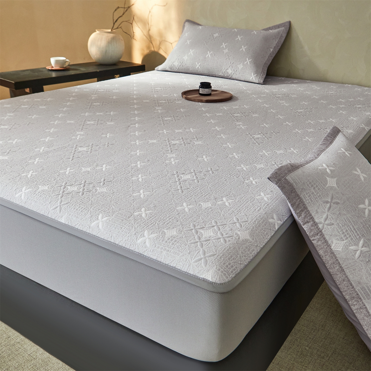 91家纺网 家纺一手货源 找家纺 慕木家纺 2026新款冰豆豆满天星凉席床笠席子凉席 床笠款-满天星-灰