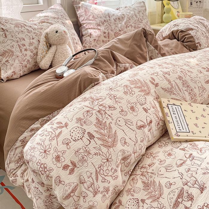 91家纺网 家纺一手货源 找家纺 梦卓家纺 2026新款云感木棉双层纱单品被套 蘑菇小兔屋