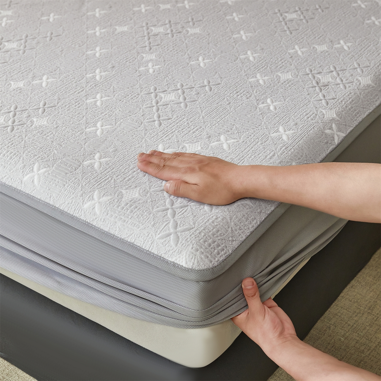 91家纺网 家纺一手货源 找家纺 慕木家纺 2026新款冰豆豆满天星凉席床笠席子凉席 床笠款-满天星-灰