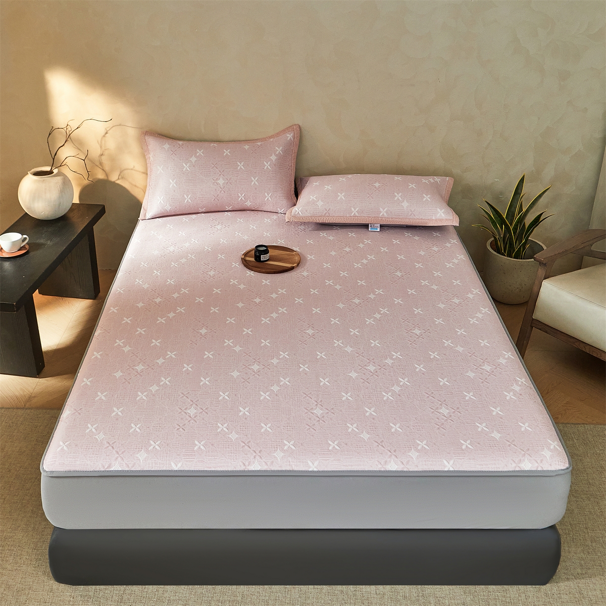 91家纺网 家纺一手货源 找家纺 慕木家纺 2026新款冰豆豆满天星凉席床笠席子凉席 床笠款-满天星-粉