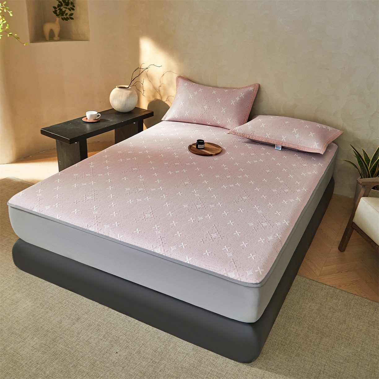 91家纺网 家纺一手货源 找家纺 慕木家纺 2026新款冰豆豆满天星凉席床笠席子凉席 床笠款-满天星-粉