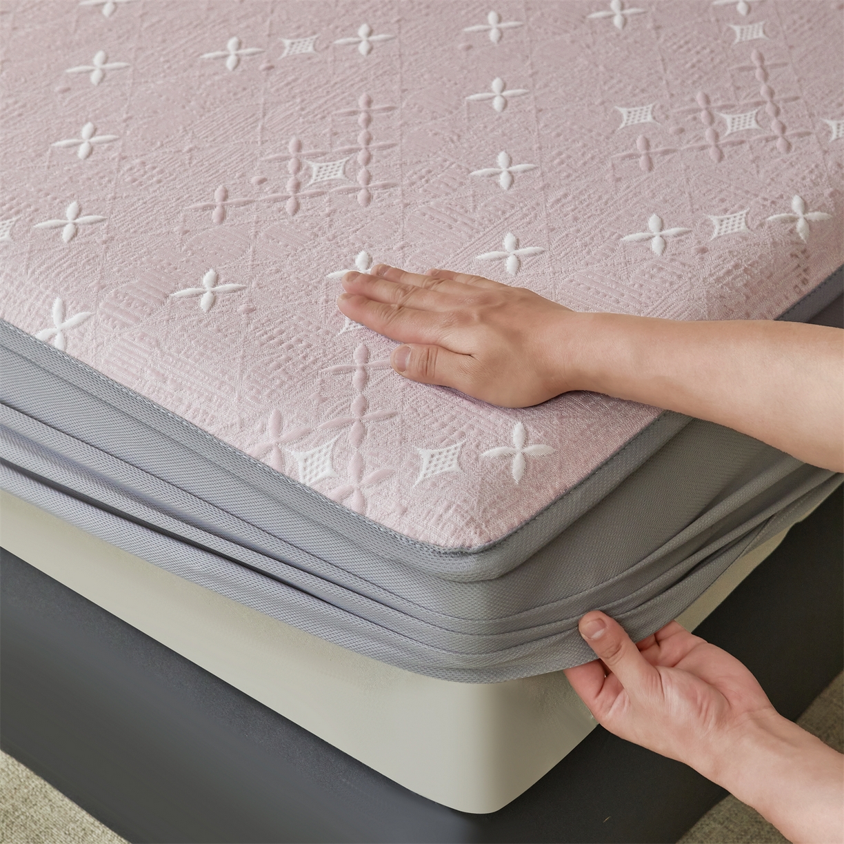 91家纺网 家纺一手货源 找家纺 慕木家纺 2026新款冰豆豆满天星凉席床笠席子凉席 床笠款-满天星-粉