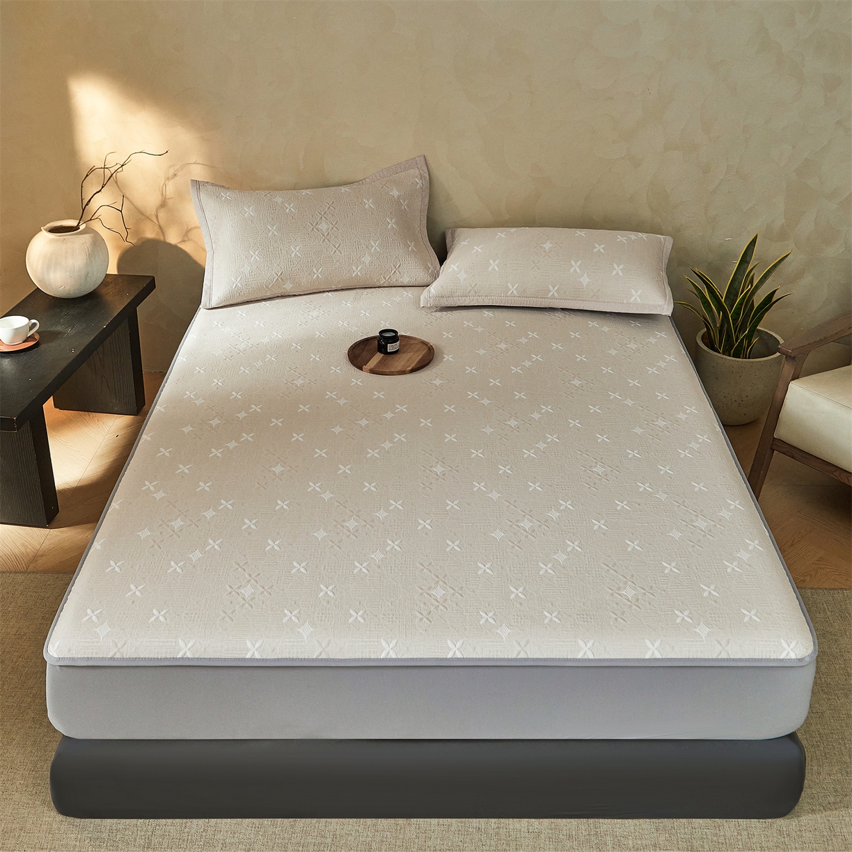 91家纺网 家纺一手货源 找家纺 慕木家纺 2026新款冰豆豆满天星凉席床笠席子凉席 床笠款-满天星-卡其