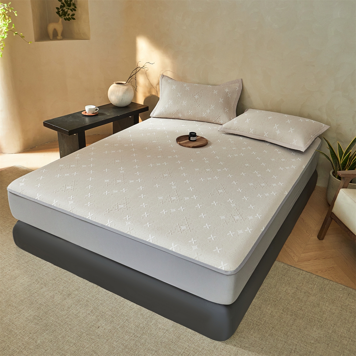 91家纺网 家纺一手货源 找家纺 慕木家纺 2026新款冰豆豆满天星凉席床笠席子凉席 床笠款-满天星-卡其