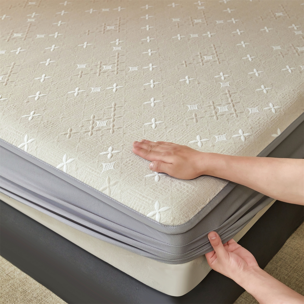 91家纺网 家纺一手货源 找家纺 慕木家纺 2026新款冰豆豆满天星凉席床笠席子凉席 床笠款-满天星-卡其