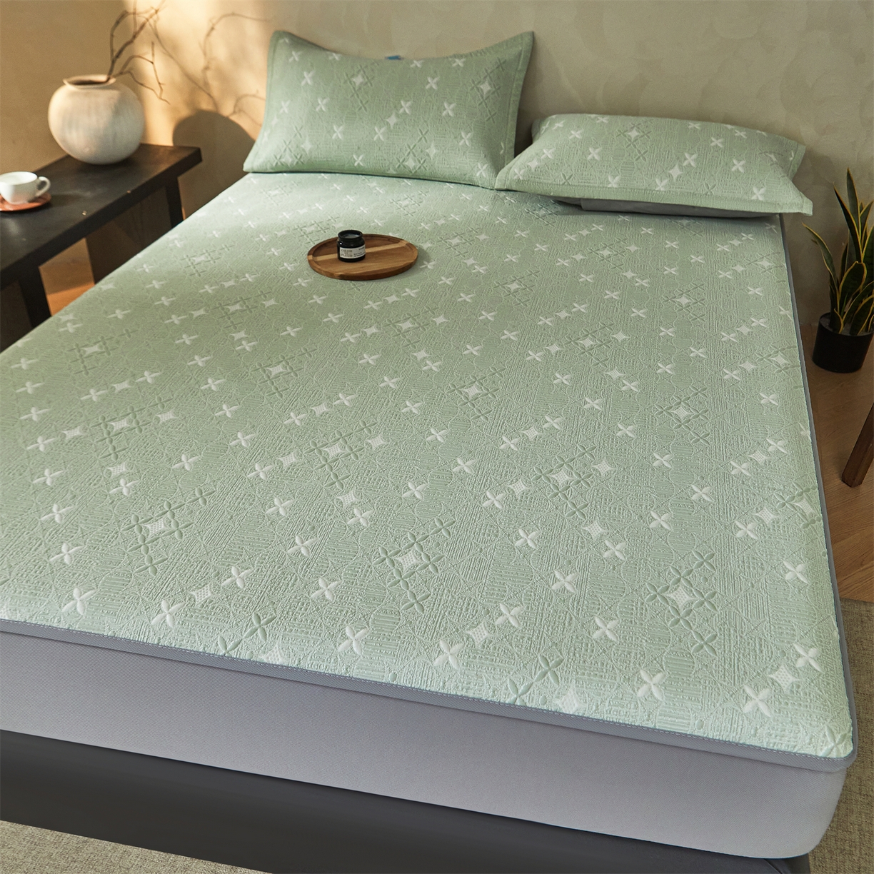 91家纺网 家纺一手货源 找家纺 慕木家纺 2026新款冰豆豆满天星凉席床笠席子凉席 床笠款-满天星-绿