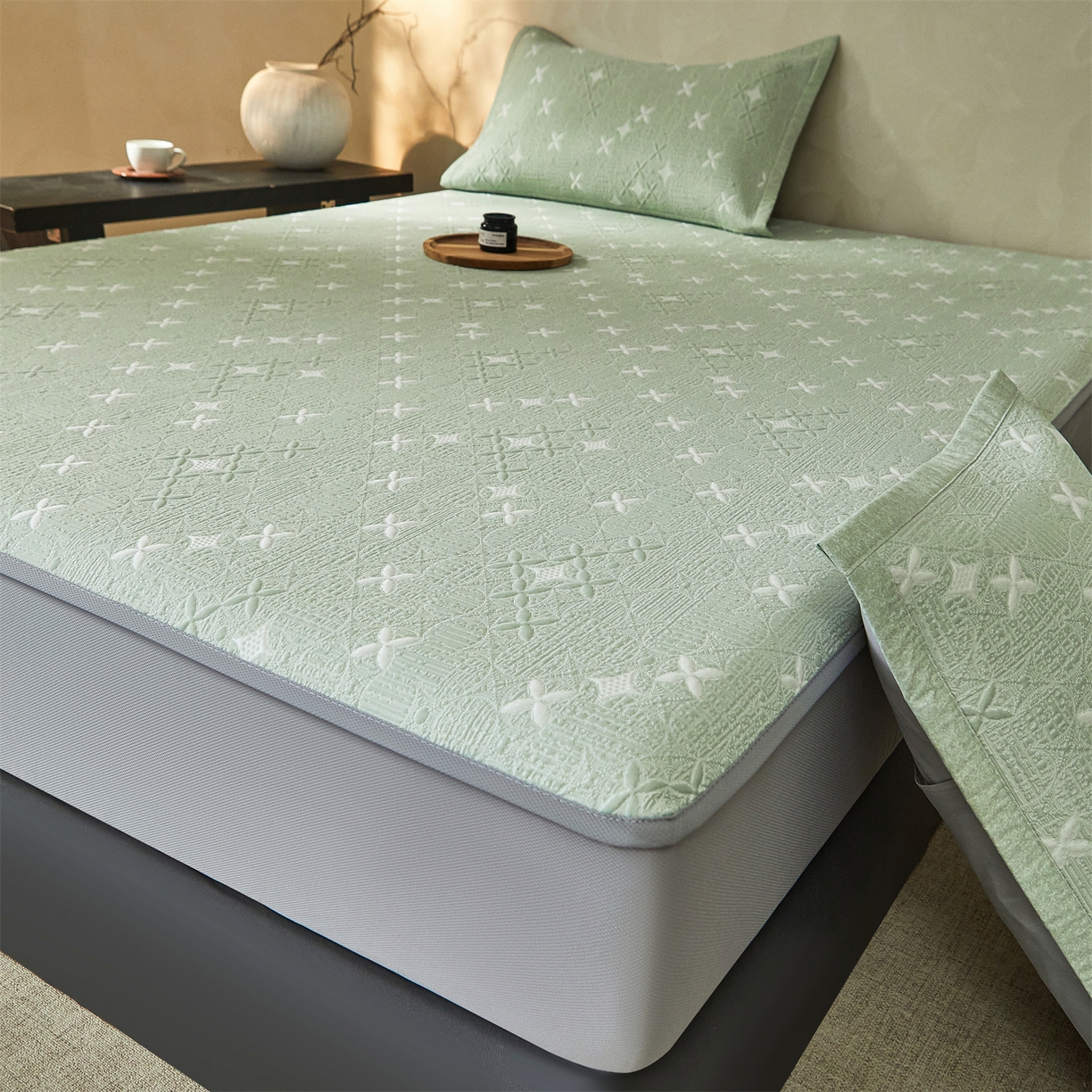 91家纺网 家纺一手货源 找家纺 慕木家纺 2026新款冰豆豆满天星凉席床笠席子凉席 床笠款-满天星-绿