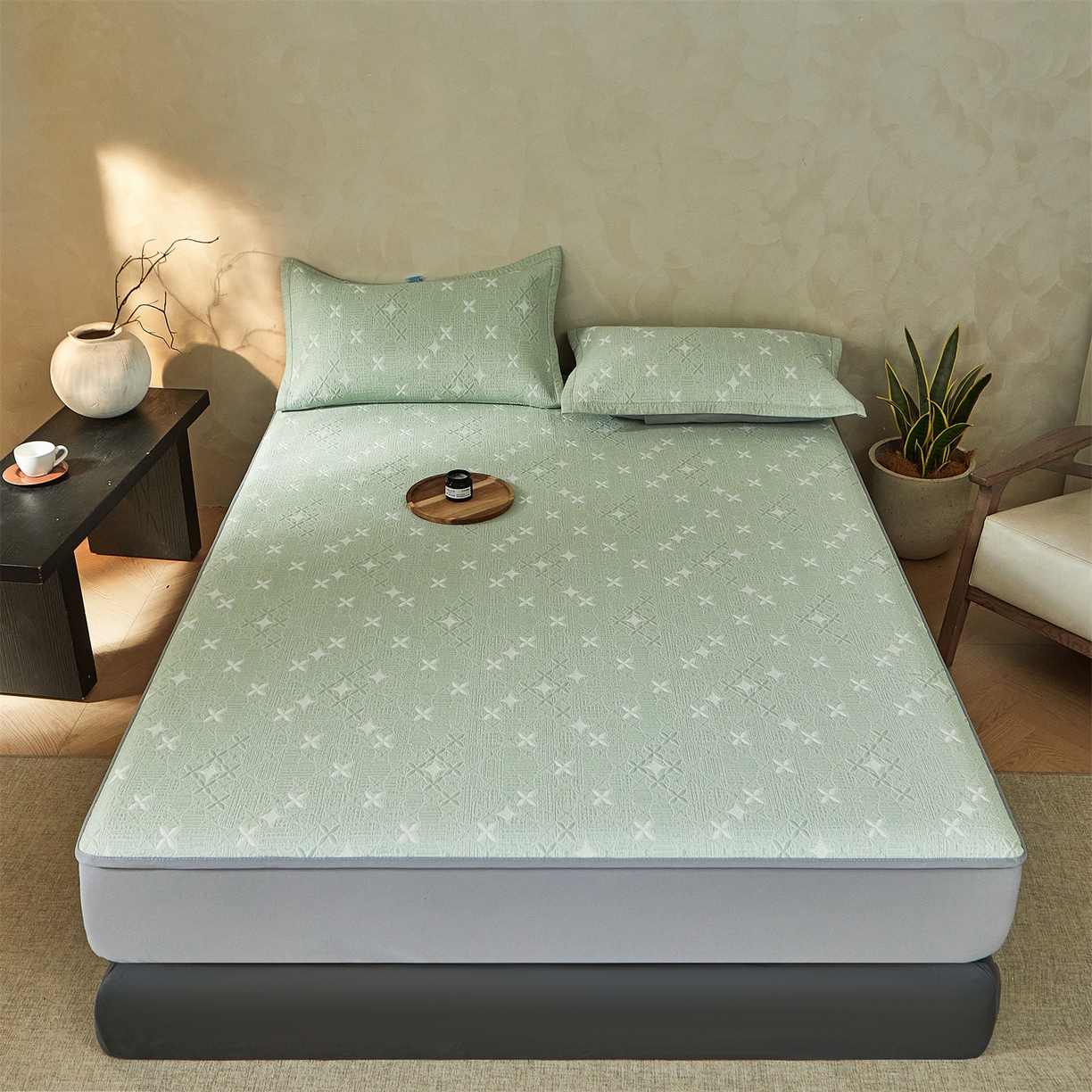 91家纺网 家纺一手货源 找家纺 慕木家纺 2026新款冰豆豆满天星凉席床笠席子凉席 床笠款-满天星-绿