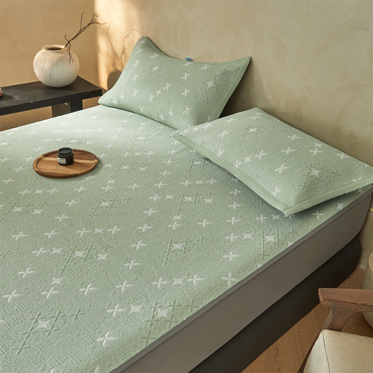 91家纺网 家纺一手货源 找家纺 慕木家纺 2026新款冰豆豆满天星凉席床笠席子凉席 床笠款-满天星-绿