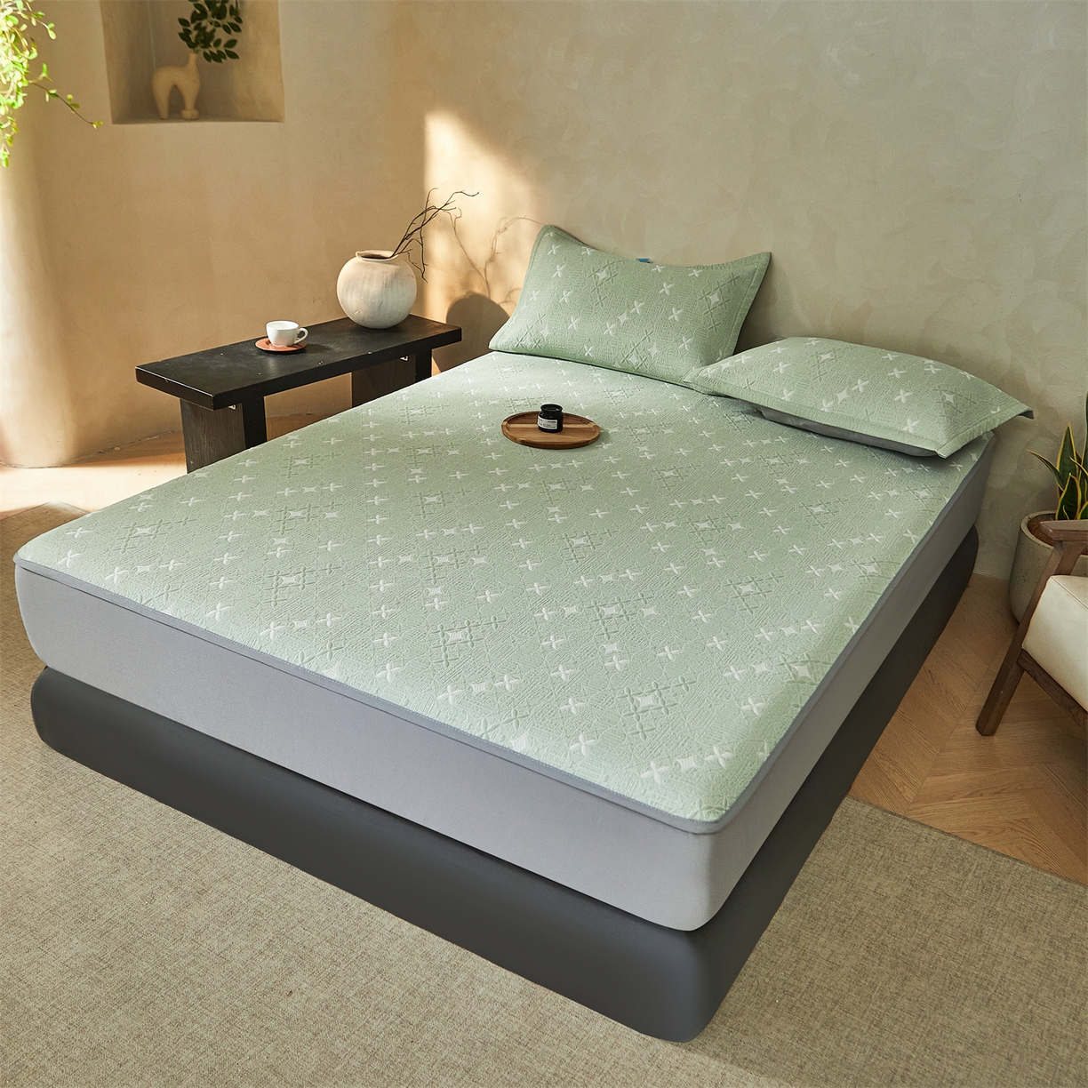 91家纺网 家纺一手货源 找家纺 慕木家纺 2026新款冰豆豆满天星凉席床笠席子凉席 床笠款-满天星-绿