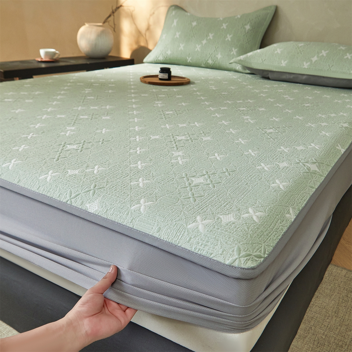 91家纺网 家纺一手货源 找家纺 慕木家纺 2026新款冰豆豆满天星凉席床笠席子凉席 床笠款-满天星-绿