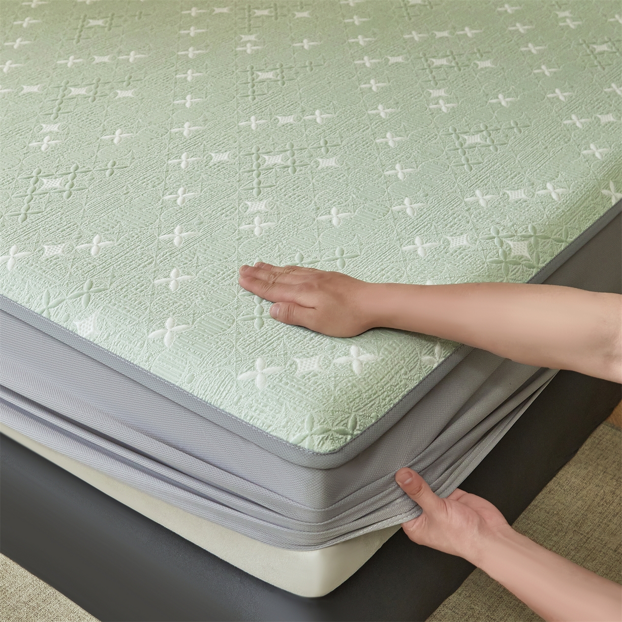 91家纺网 家纺一手货源 找家纺 慕木家纺 2026新款冰豆豆满天星凉席床笠席子凉席 床笠款-满天星-绿