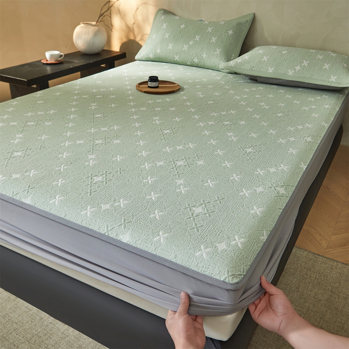 91家纺网 家纺一手货源 找家纺 慕木家纺 2026新款冰豆豆满天星凉席床笠席子凉席 床笠款-满天星-绿