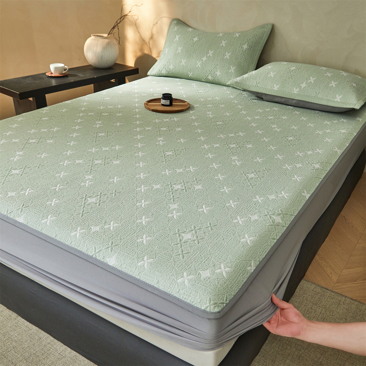 91家纺网 家纺一手货源 找家纺 慕木家纺 2026新款冰豆豆满天星凉席床笠席子凉席 床笠款-满天星-绿