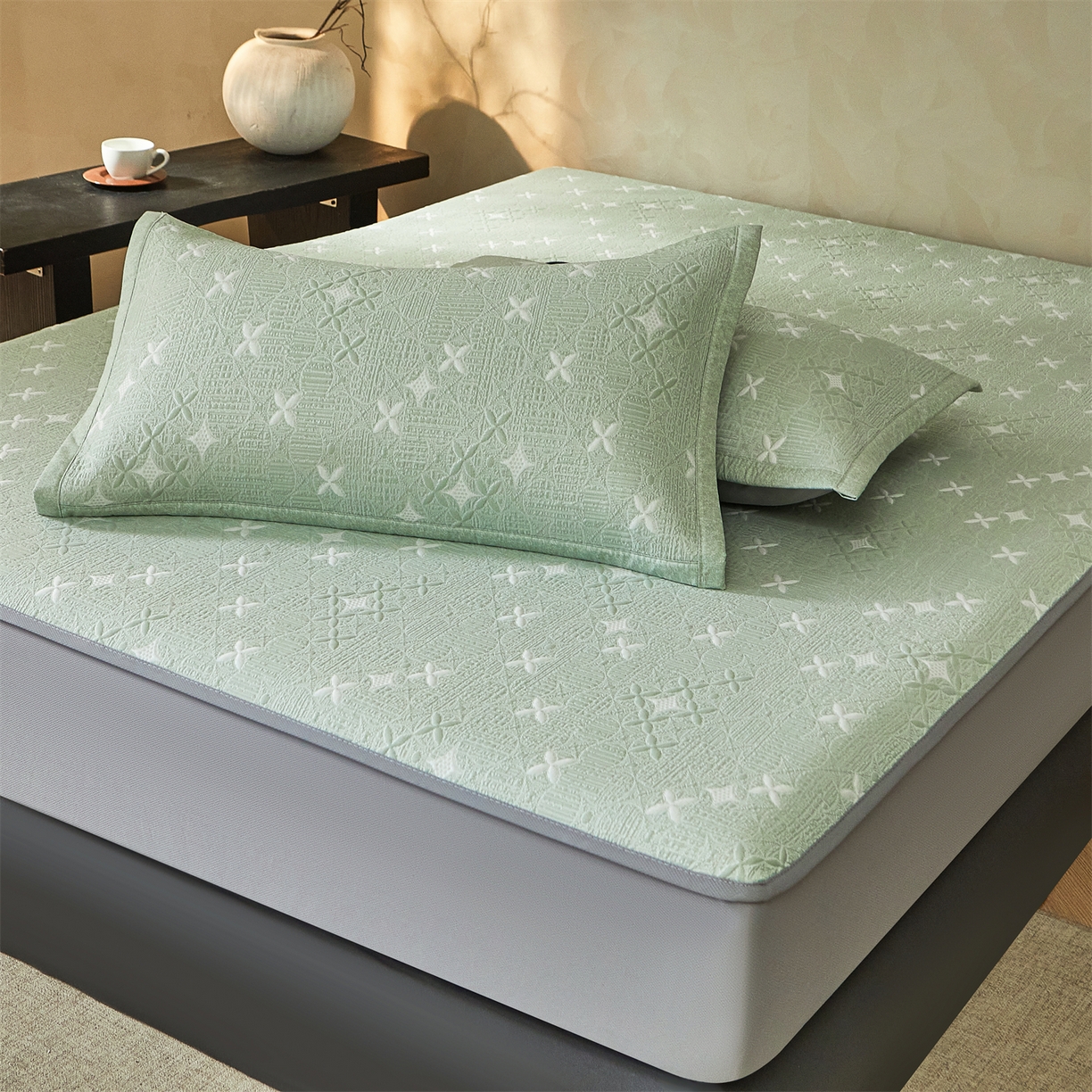 91家纺网 家纺一手货源 找家纺 慕木家纺 2026新款冰豆豆满天星凉席床笠席子凉席 床笠款-满天星-绿