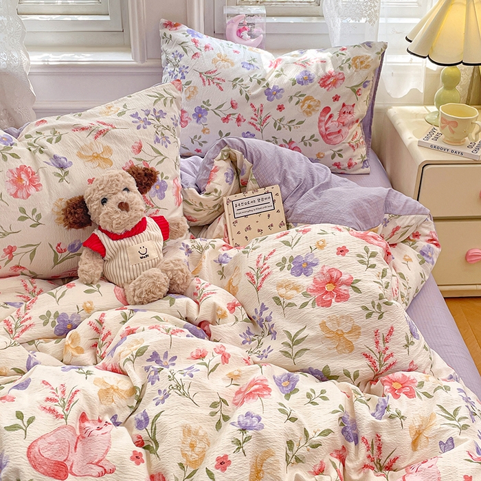 梦卓家纺 2026新款云感木棉双层纱单品被套 紫花小猫