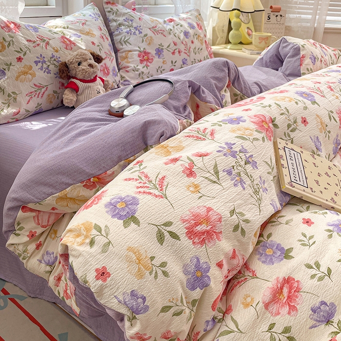 91家纺网 家纺一手货源 找家纺 梦卓家纺 2026新款云感木棉双层纱单品被套 紫花小猫