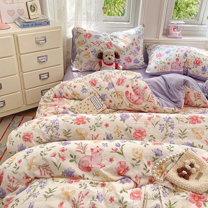 91家纺网 家纺一手货源 找家纺 梦卓家纺 2026新款云感木棉双层纱单品被套 紫花小猫