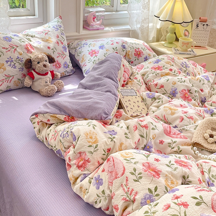 91家纺网 家纺一手货源 找家纺 梦卓家纺 2026新款云感木棉双层纱单品被套 紫花小猫