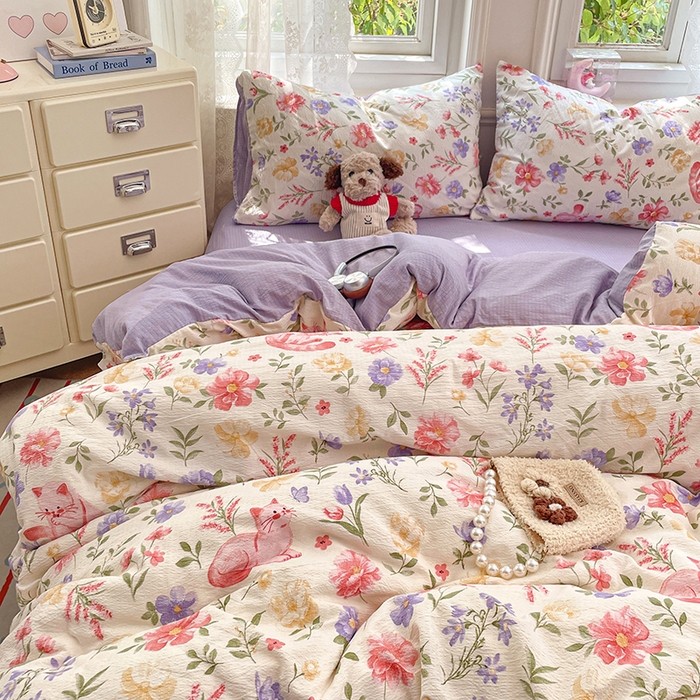 91家纺网 家纺一手货源 找家纺 梦卓家纺 2026新款云感木棉双层纱单品被套 紫花小猫