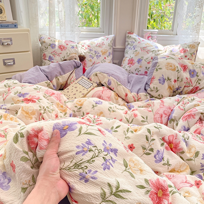 91家纺网 家纺一手货源 找家纺 梦卓家纺 2026新款云感木棉双层纱单品被套 紫花小猫