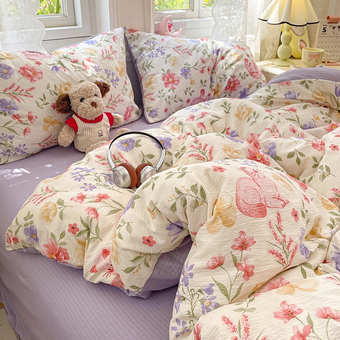 91家纺网 家纺一手货源 找家纺 梦卓家纺 2026新款云感木棉双层纱单品被套 紫花小猫