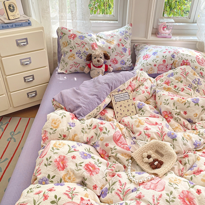 91家纺网 家纺一手货源 找家纺 梦卓家纺 2026新款云感木棉双层纱单品被套 紫花小猫