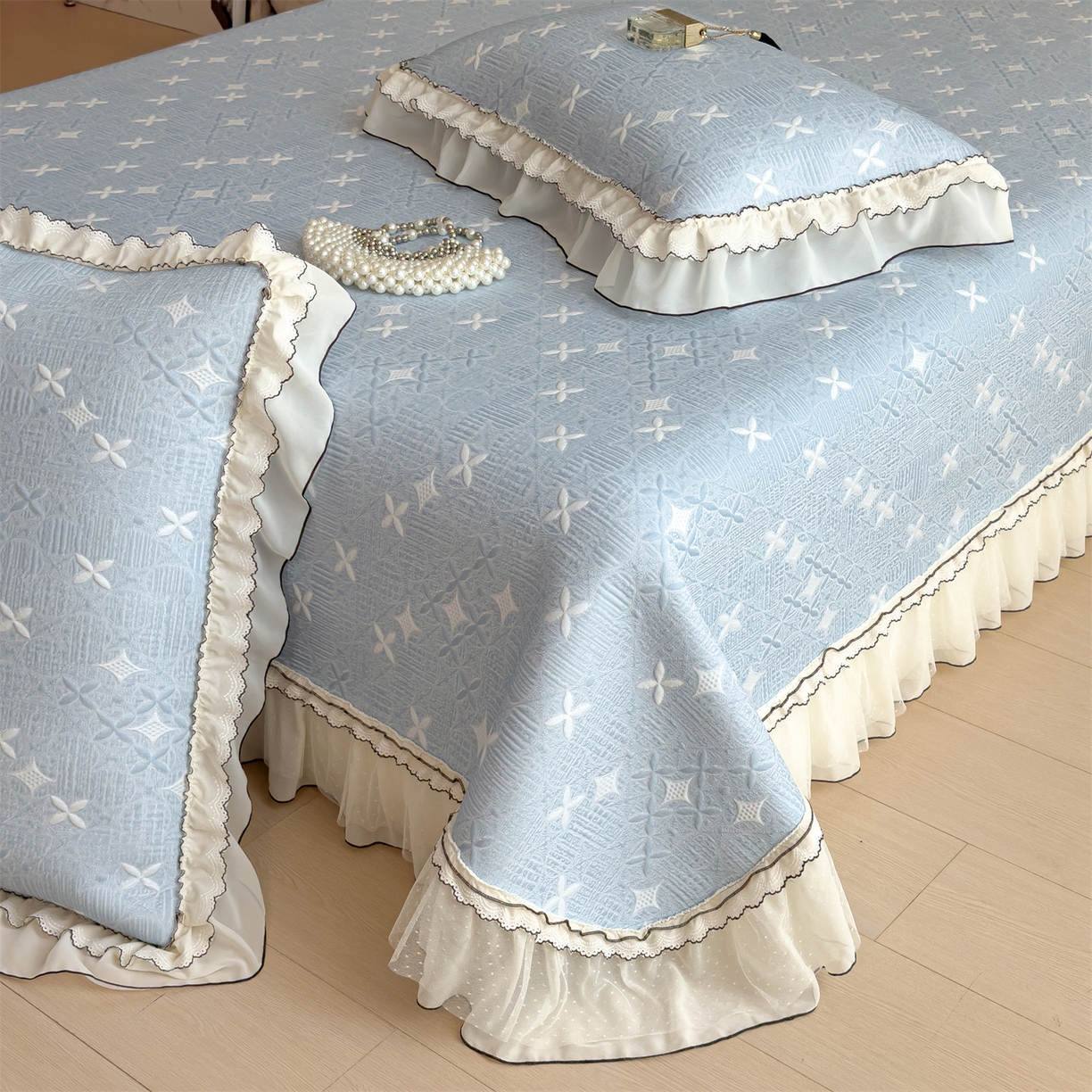 91家纺网 家纺一手货源 找家纺 慕木家纺 2026新款高端复合三明治PE乙纶提花610克冰豆豆凉席欧洛菲系列（提供买家秀） 组合图床席款