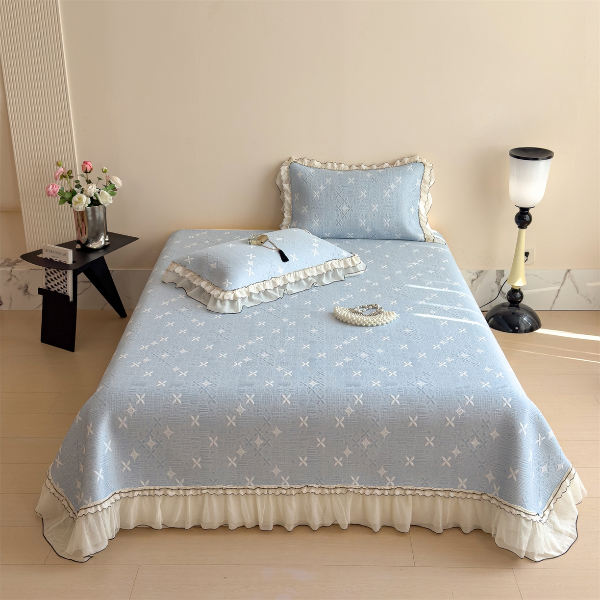 91家纺网 家纺一手货源 找家纺 慕木家纺 2026新款满天星系列冰豆豆凉席(三明治复合)乙纶面料 满天星-蓝