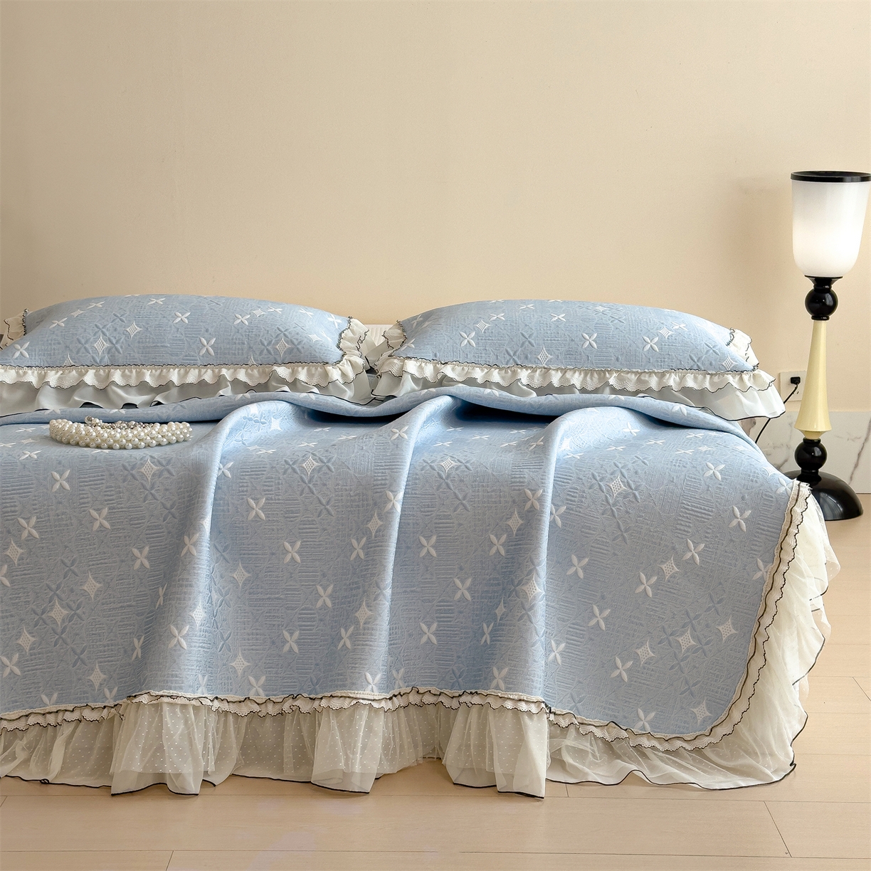 91家纺网 家纺一手货源 找家纺 慕木家纺 2026新款满天星系列冰豆豆凉席(三明治复合)乙纶面料 满天星-蓝