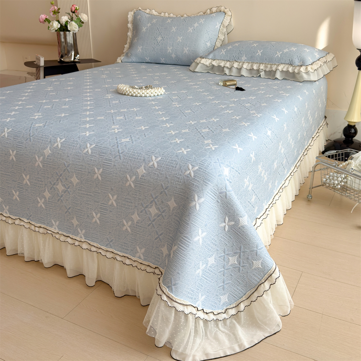 91家纺网 家纺一手货源 找家纺 慕木家纺 2026新款满天星系列冰豆豆凉席(三明治复合)乙纶面料 满天星-蓝