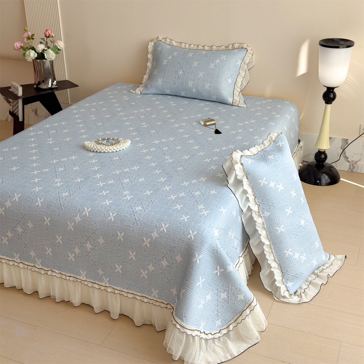 91家纺网 家纺一手货源 找家纺 慕木家纺 2026新款满天星系列冰豆豆凉席(三明治复合)乙纶面料 满天星-蓝