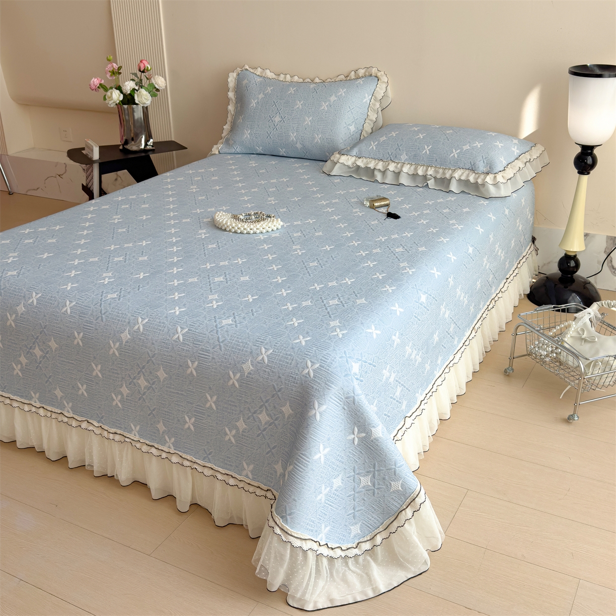 91家纺网 家纺一手货源 找家纺 慕木家纺 2026新款满天星系列冰豆豆凉席(三明治复合)乙纶面料 满天星-蓝