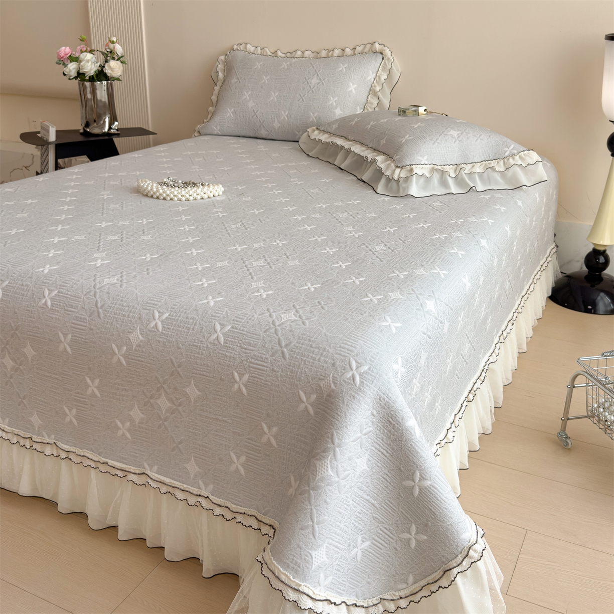 91家纺网 家纺一手货源 找家纺 慕木家纺 2026新款满天星系列冰豆豆凉席(三明治复合)乙纶面料 满天星-灰