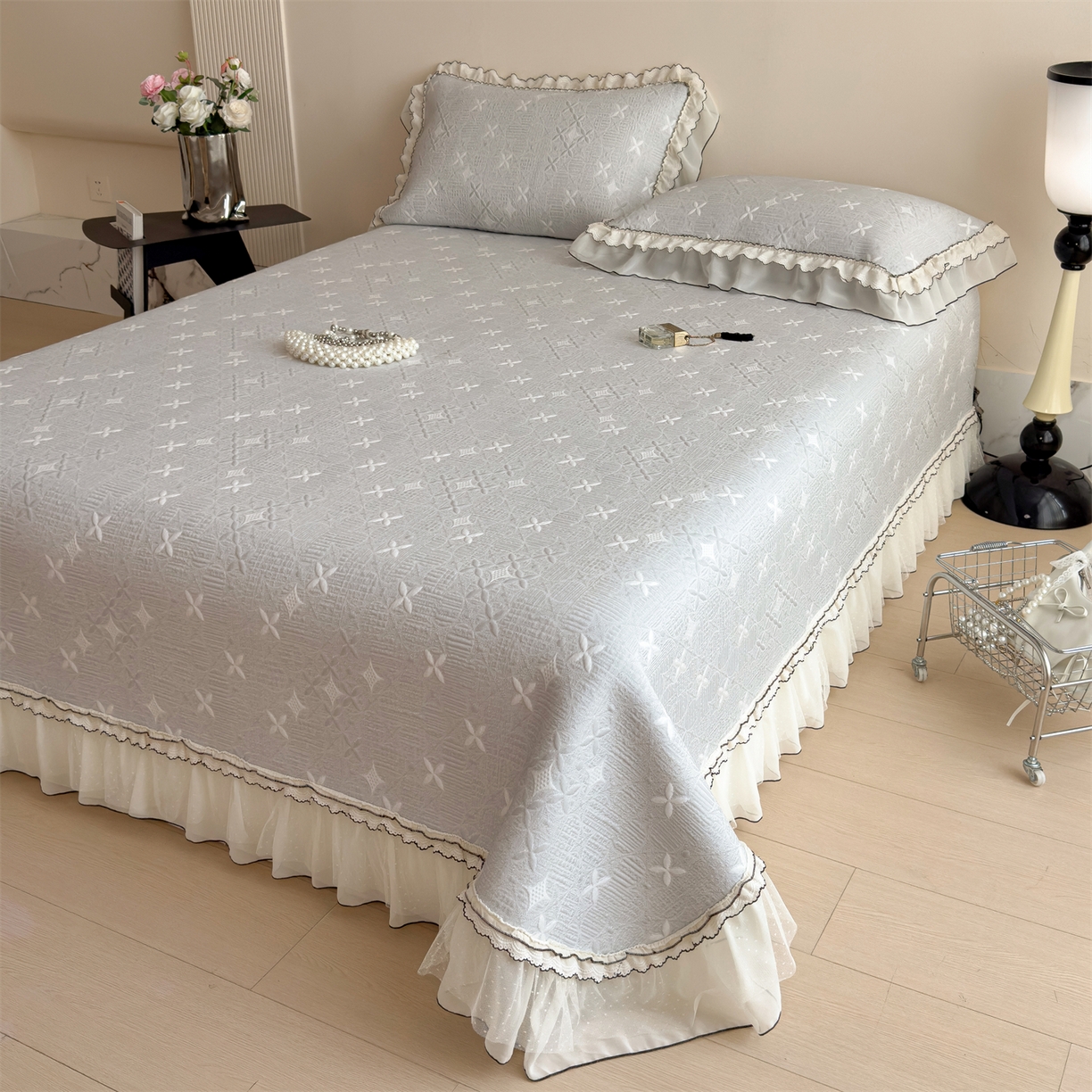 91家纺网 家纺一手货源 找家纺 慕木家纺 2026新款满天星系列冰豆豆凉席(三明治复合)乙纶面料 满天星-灰