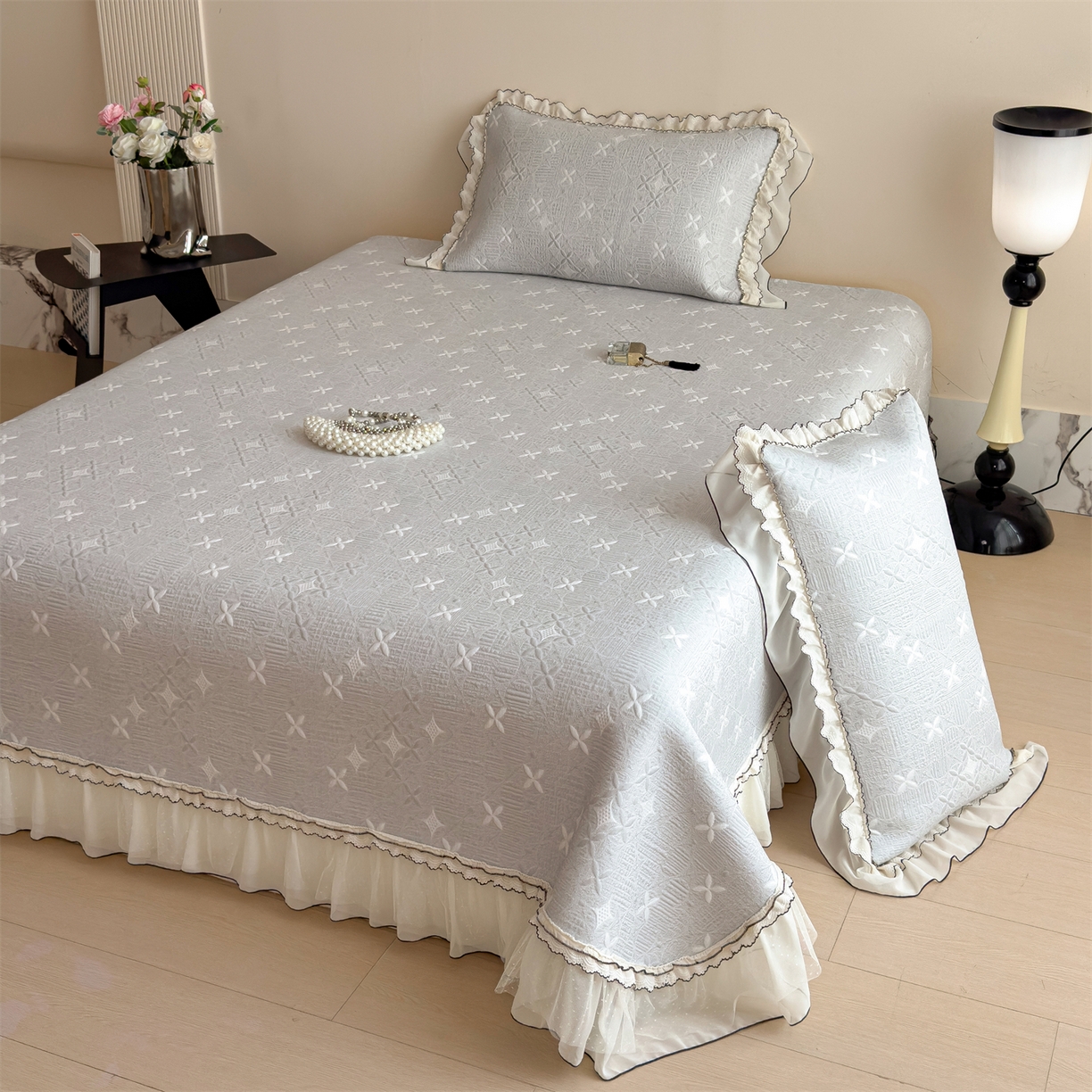 91家纺网 家纺一手货源 找家纺 慕木家纺 2026新款满天星系列冰豆豆凉席(三明治复合)乙纶面料 满天星-灰