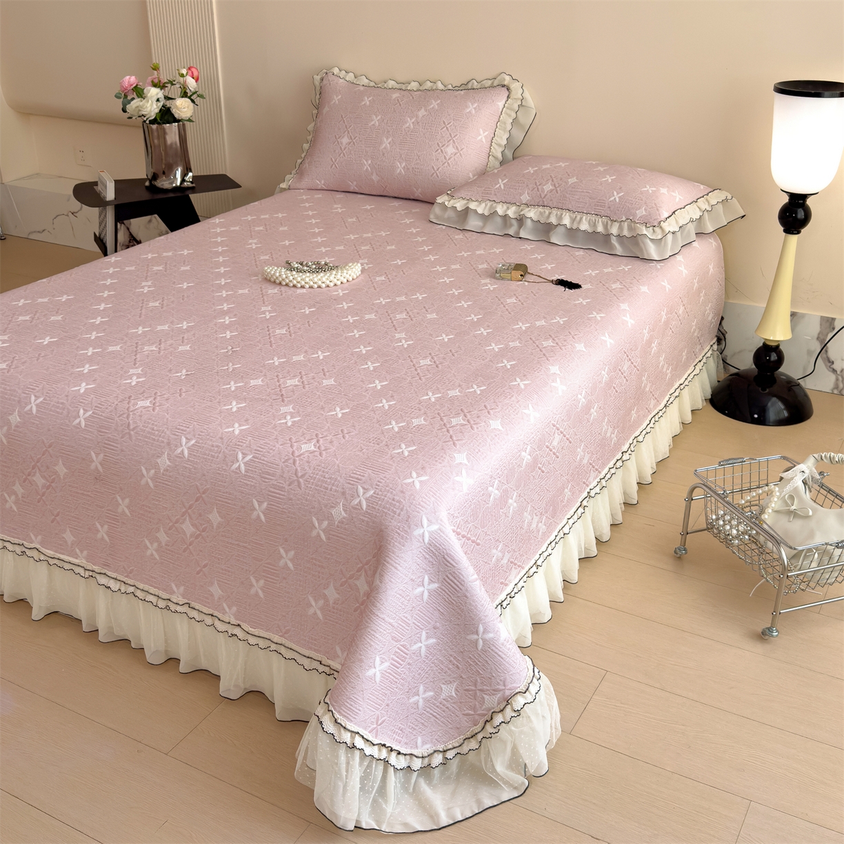 91家纺网 家纺一手货源 找家纺 慕木家纺 2026新款满天星系列冰豆豆凉席(三明治复合)乙纶面料 满天星-粉