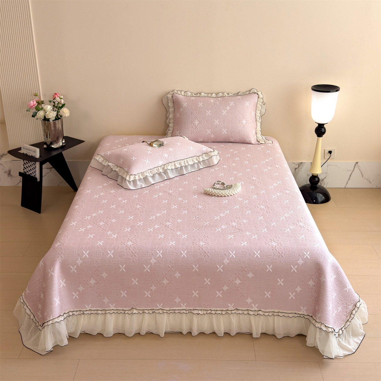 91家纺网 家纺一手货源 找家纺 慕木家纺 2026新款满天星系列冰豆豆凉席(三明治复合)乙纶面料 满天星-粉