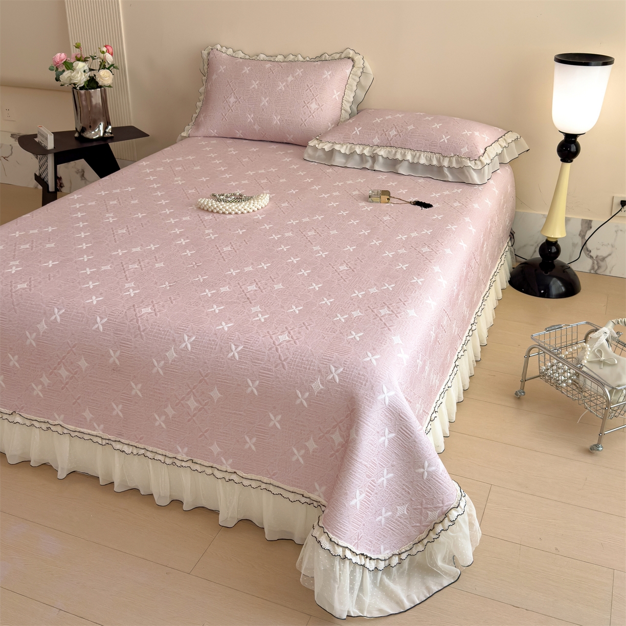 91家纺网 家纺一手货源 找家纺 慕木家纺 2026新款满天星系列冰豆豆凉席(三明治复合)乙纶面料 满天星-粉