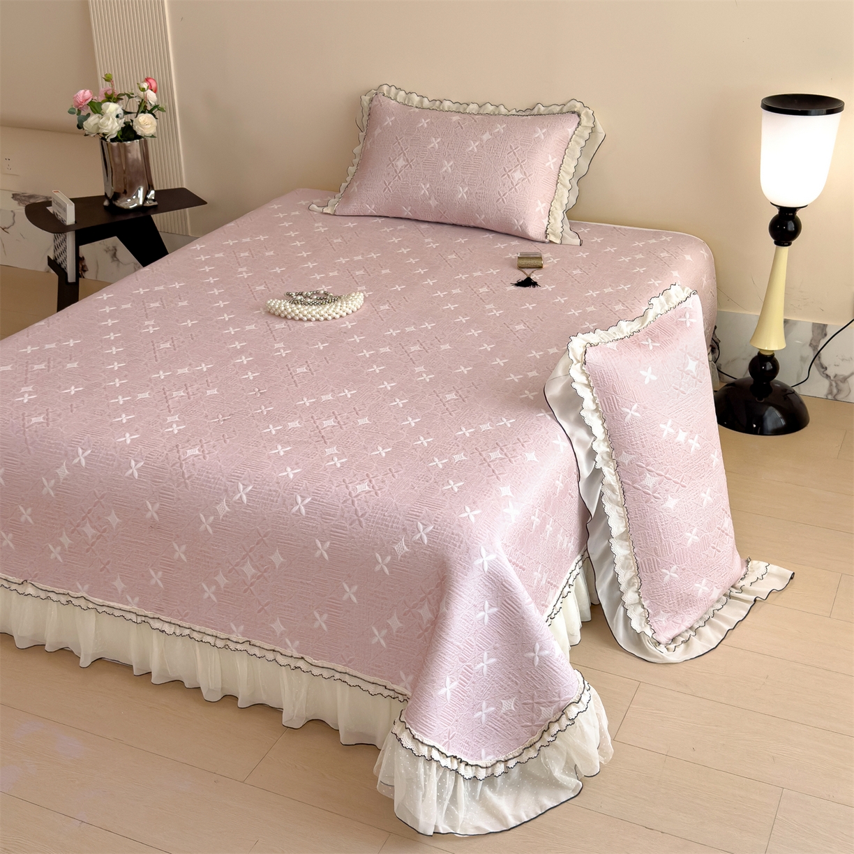 91家纺网 家纺一手货源 找家纺 慕木家纺 2026新款满天星系列冰豆豆凉席(三明治复合)乙纶面料 满天星-粉