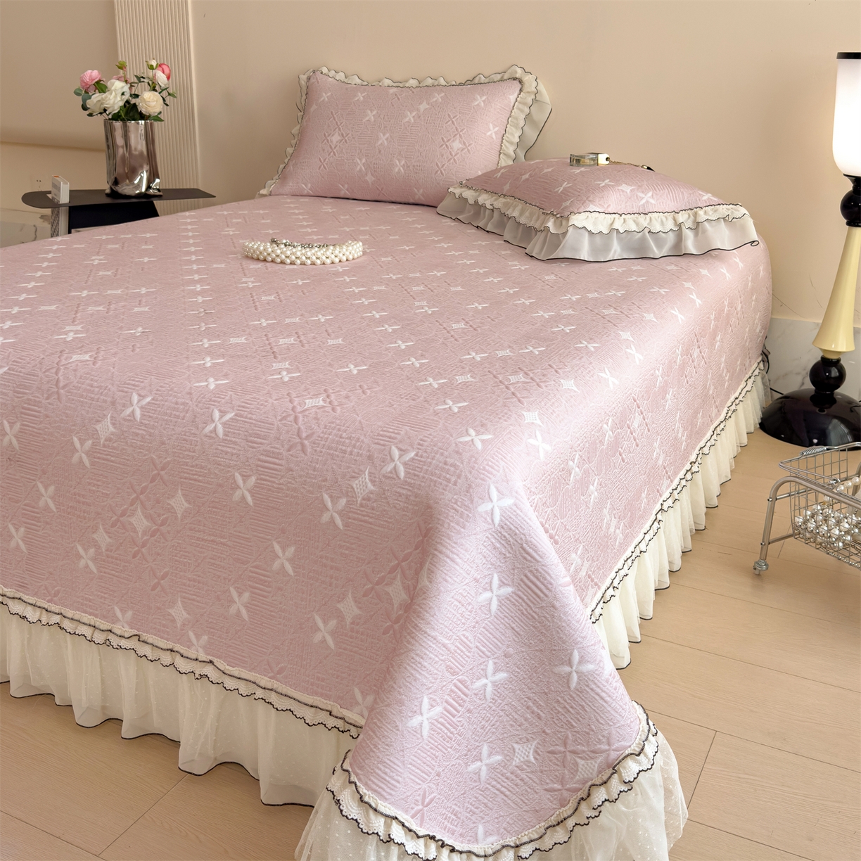 91家纺网 家纺一手货源 找家纺 慕木家纺 2026新款满天星系列冰豆豆凉席(三明治复合)乙纶面料 满天星-粉