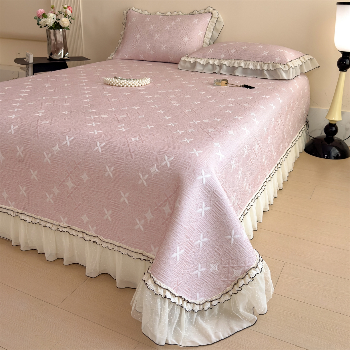 91家纺网 家纺一手货源 找家纺 慕木家纺 2026新款满天星系列冰豆豆凉席(三明治复合)乙纶面料 满天星-粉