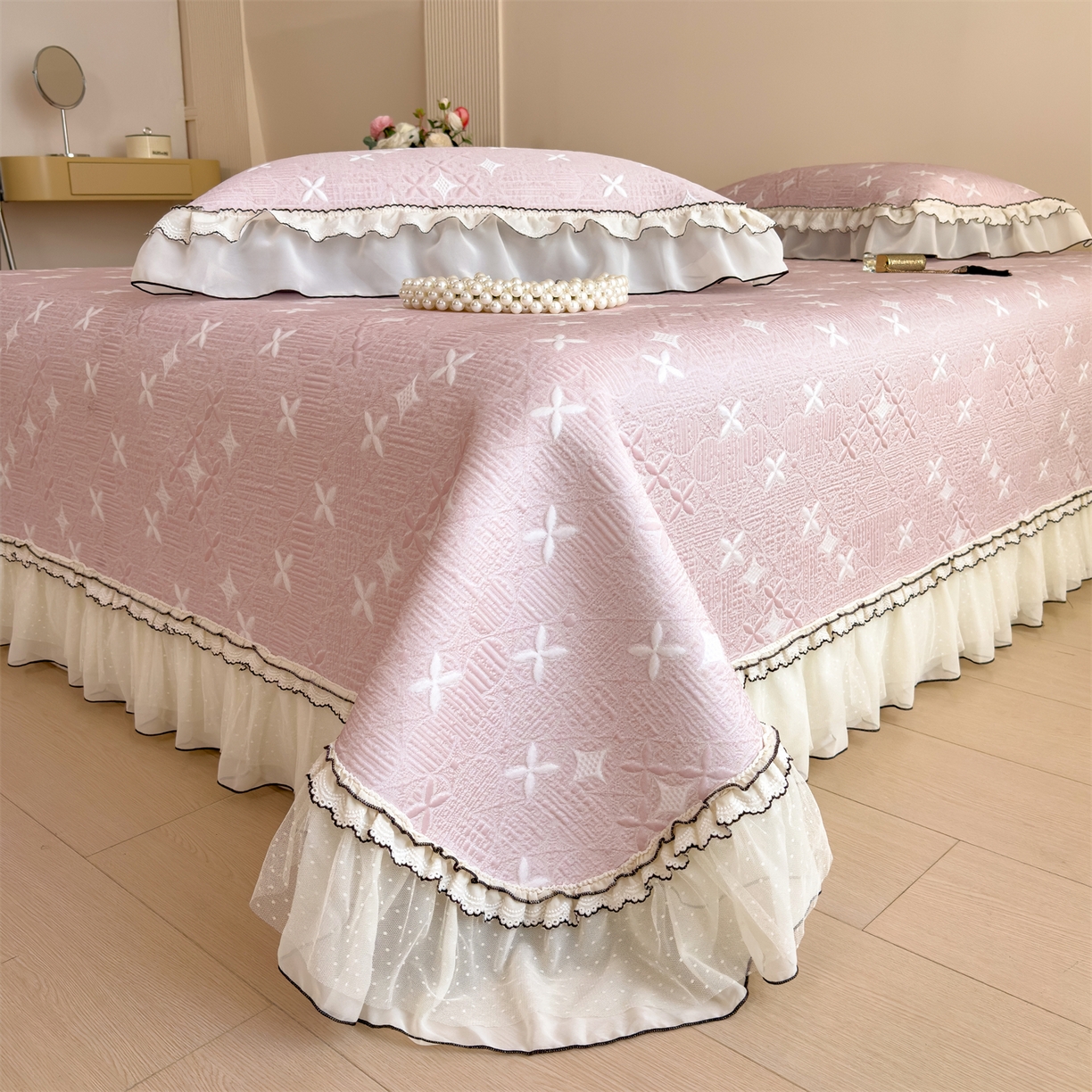 91家纺网 家纺一手货源 找家纺 慕木家纺 2026新款满天星系列冰豆豆凉席(三明治复合)乙纶面料 满天星-粉