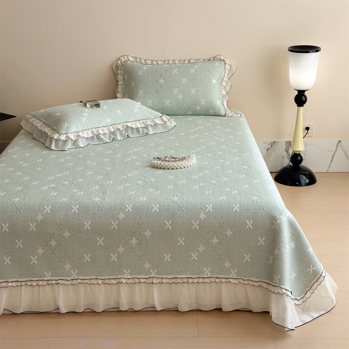 91家纺网 家纺一手货源 找家纺 慕木家纺 2026新款满天星系列冰豆豆凉席(三明治复合)乙纶面料 满天星-绿