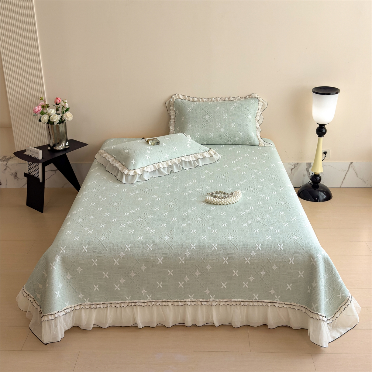 91家纺网 家纺一手货源 找家纺 慕木家纺 2026新款满天星系列冰豆豆凉席(三明治复合)乙纶面料 满天星-绿