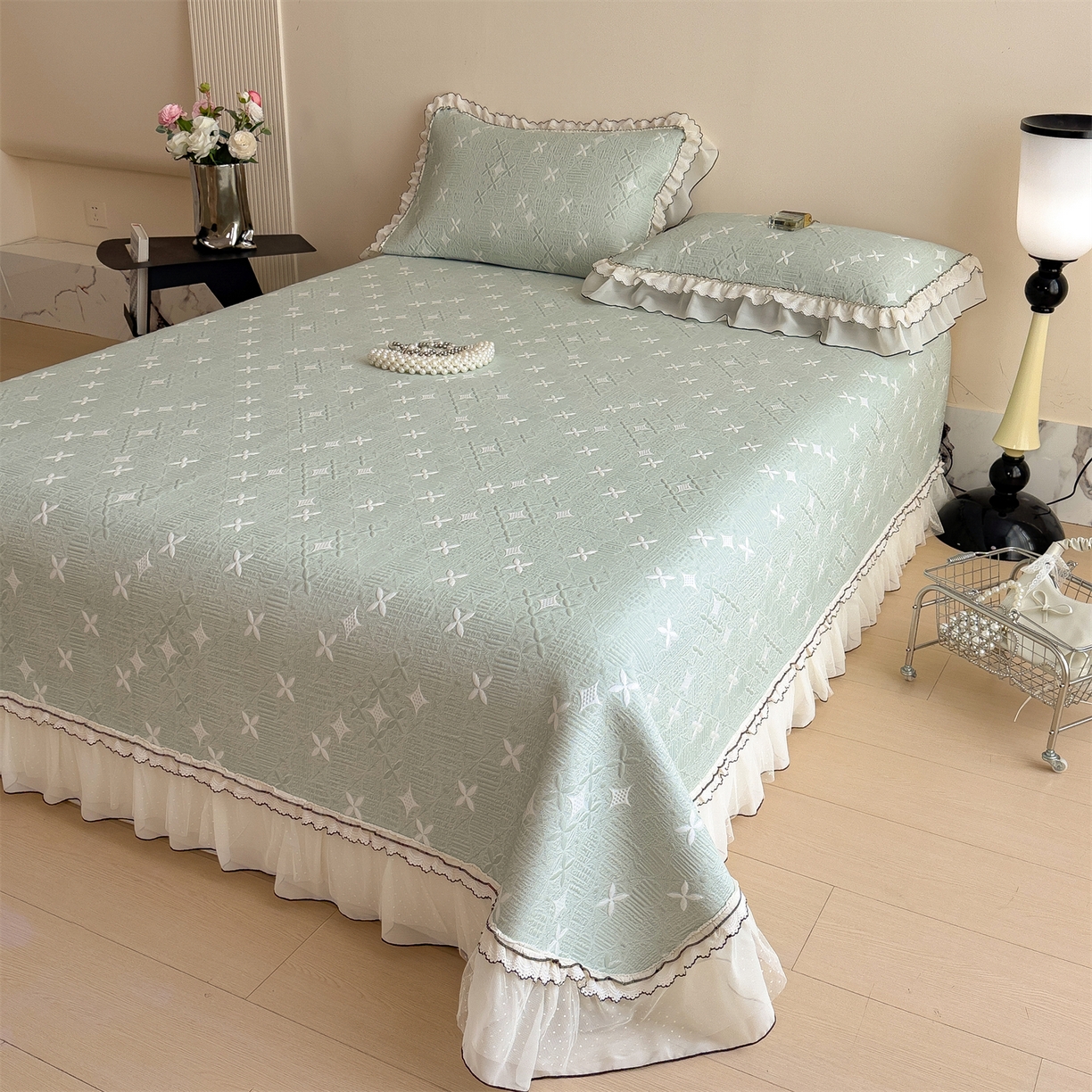 91家纺网 家纺一手货源 找家纺 慕木家纺 2026新款满天星系列冰豆豆凉席(三明治复合)乙纶面料 满天星-绿