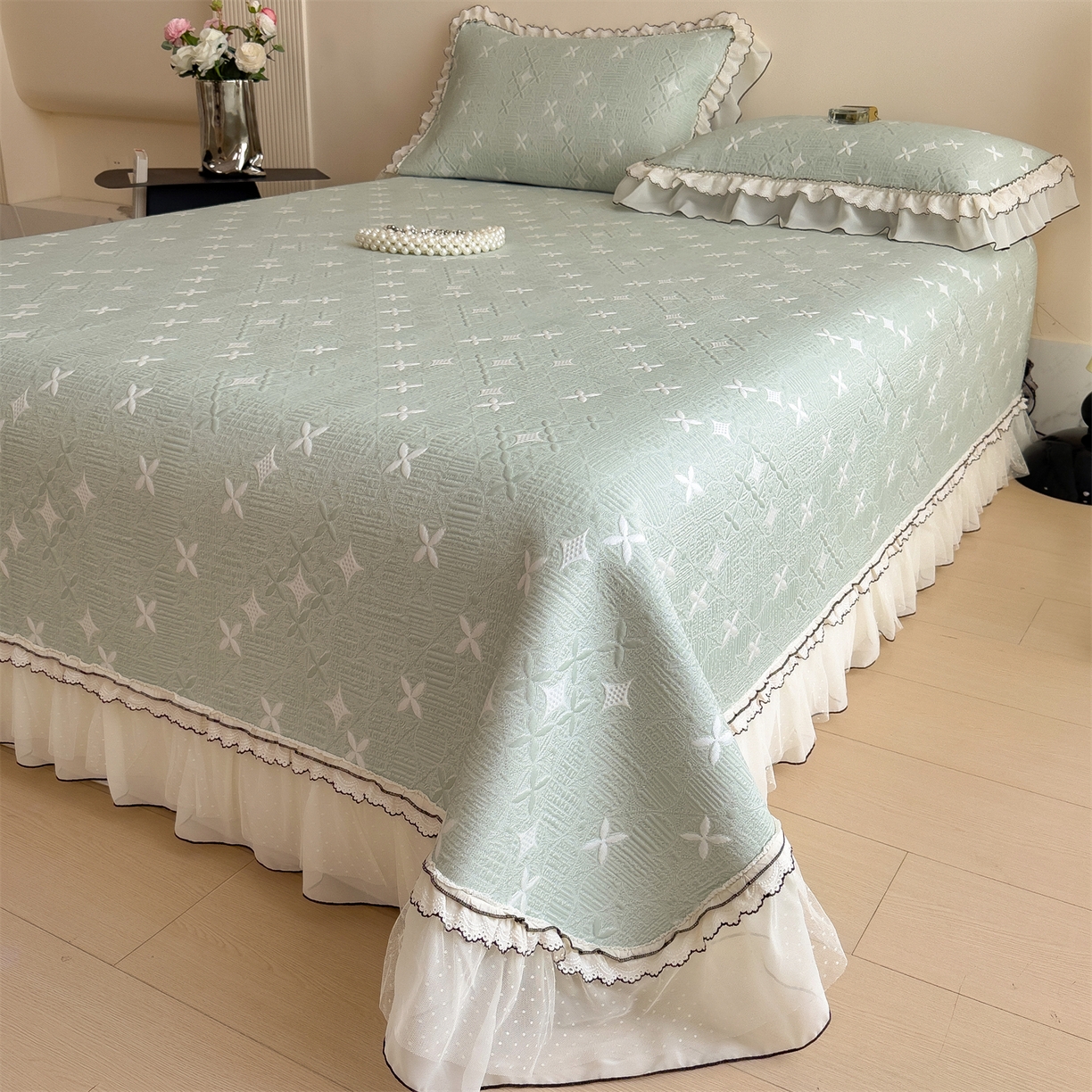 91家纺网 家纺一手货源 找家纺 慕木家纺 2026新款满天星系列冰豆豆凉席(三明治复合)乙纶面料 满天星-绿