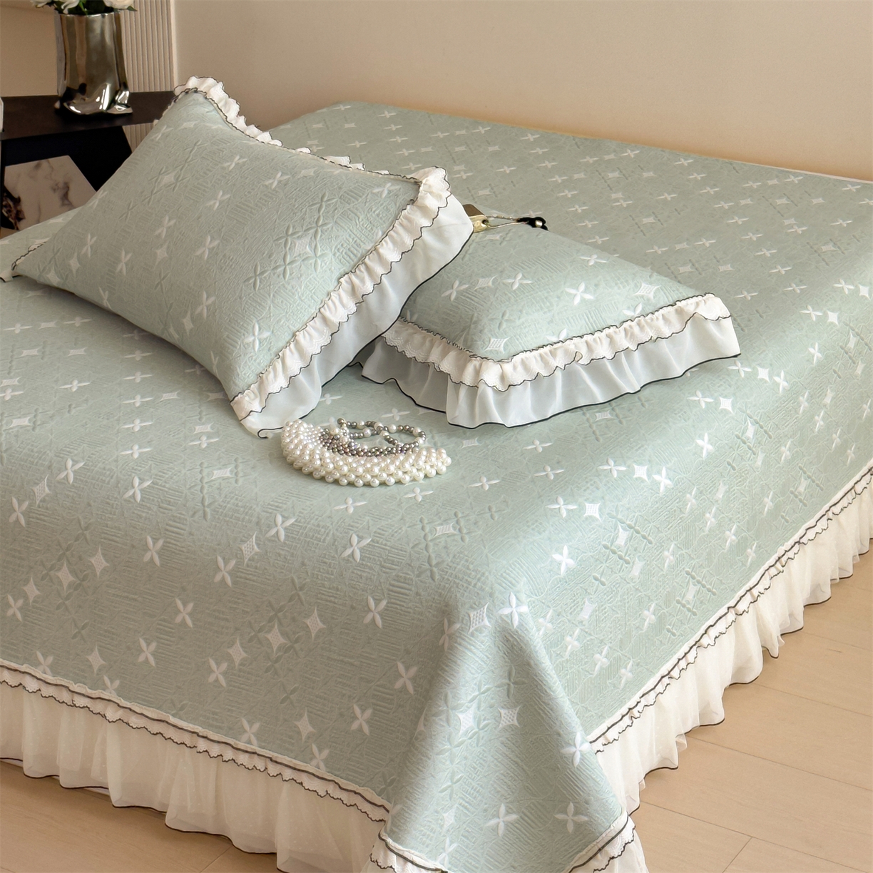 91家纺网 家纺一手货源 找家纺 慕木家纺 2026新款满天星系列冰豆豆凉席(三明治复合)乙纶面料 满天星-绿